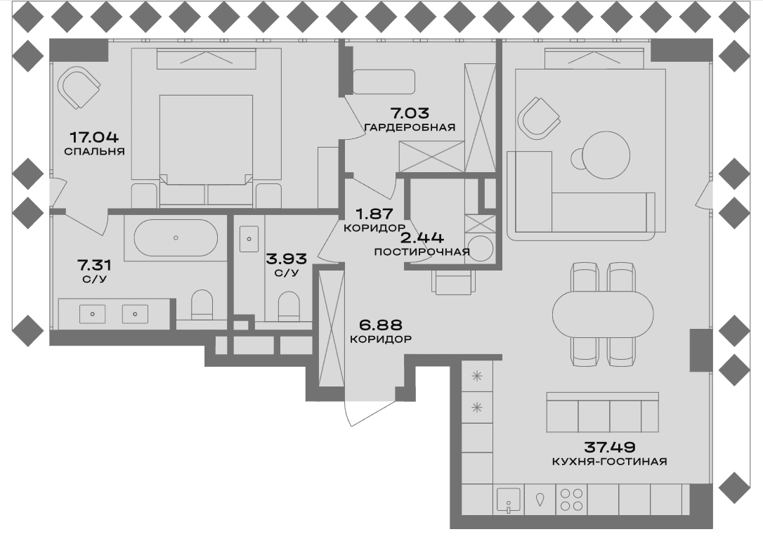 Планировка: Евродвушка 84 м² в ЖК «Пыжевский»