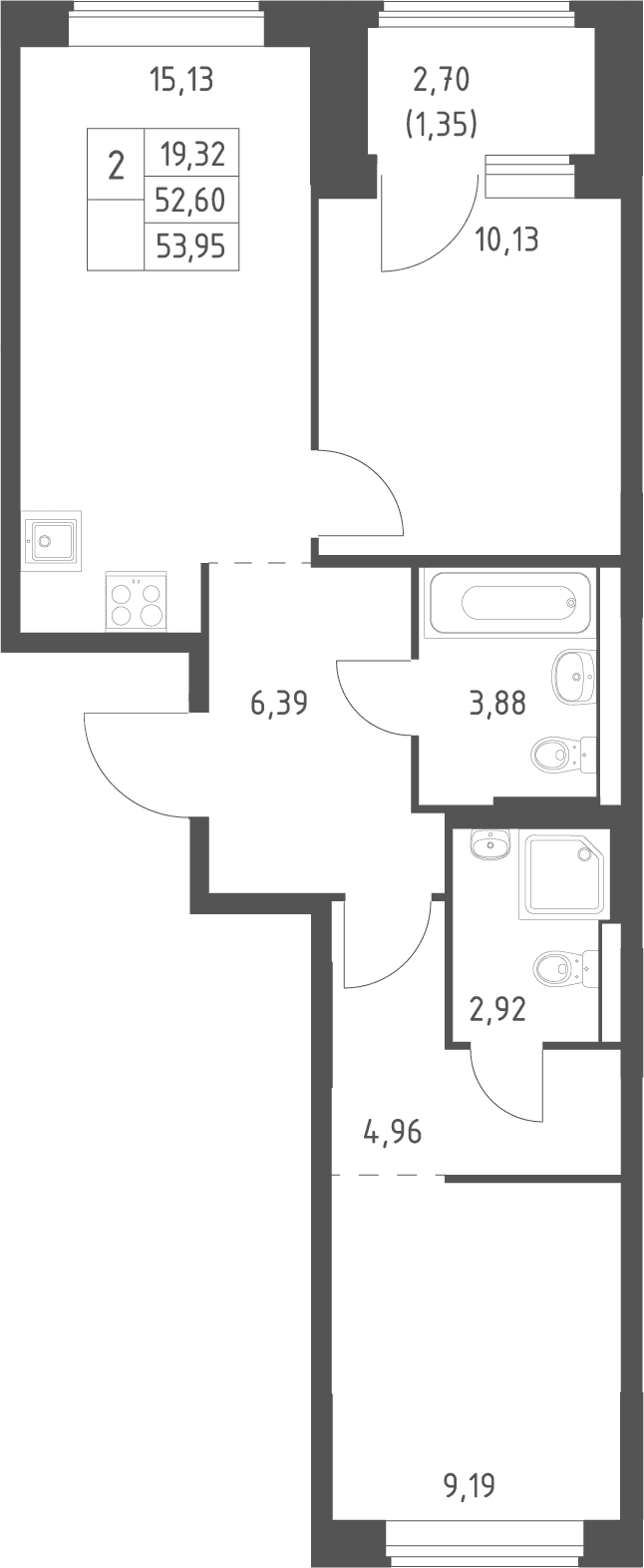 Планировка: Евротрёшка 52,6 м² в ЖК «Большое Юрлово»