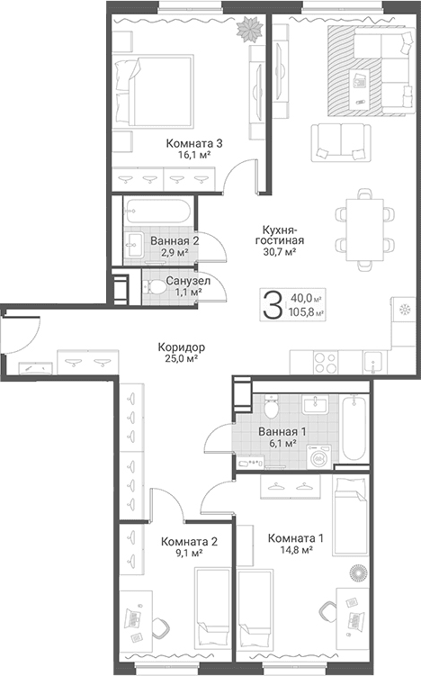 Планировка: Квартира евро-4 105,8 м² в ЖК «Руднева, 15»