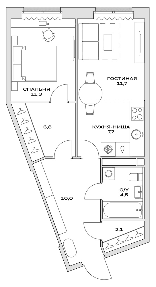 Планировка: Евродвушка 55,7 м² в ЖК «Детали»