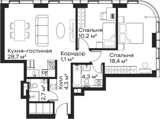 Планировка: Евротрёшка 69,7 м² в ЖК «Сити Бэй»