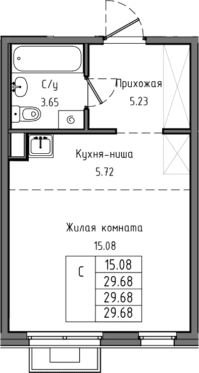 Планировка: Студия 29,7 м² в ЖК «Тишин»