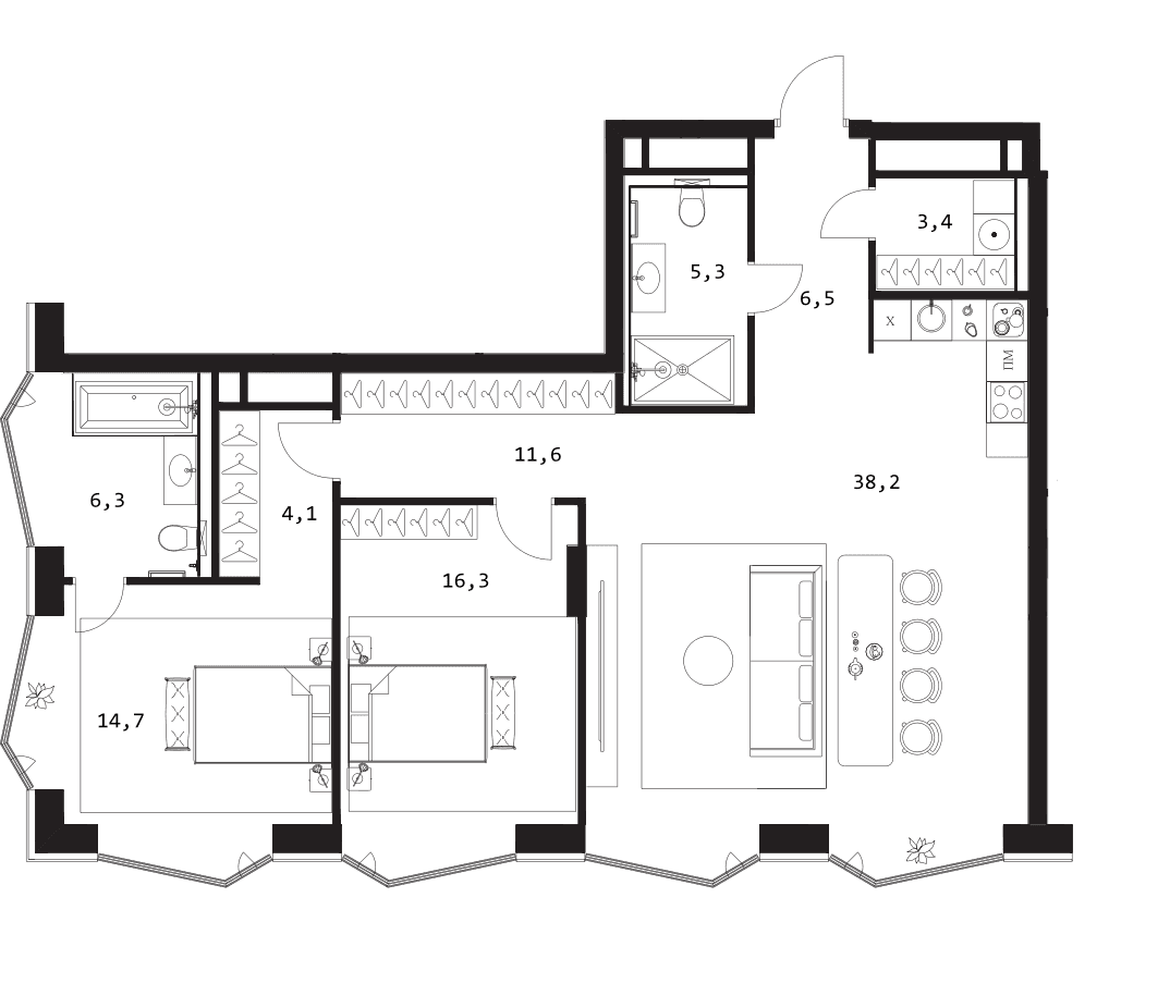 Планировка: Евротрёшка 106,4 м² в ЖК «A. Residence»
