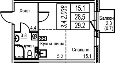 Планировка: Студия 28,5 м² в ЖК «Экография»