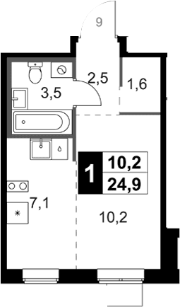 Планировка: Студия 25,5 м² в ЖК «1-й Ясеневский»