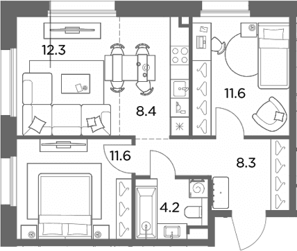 Планировка: Евротрёшка 56,4 м² в ЖК «Станиславский»