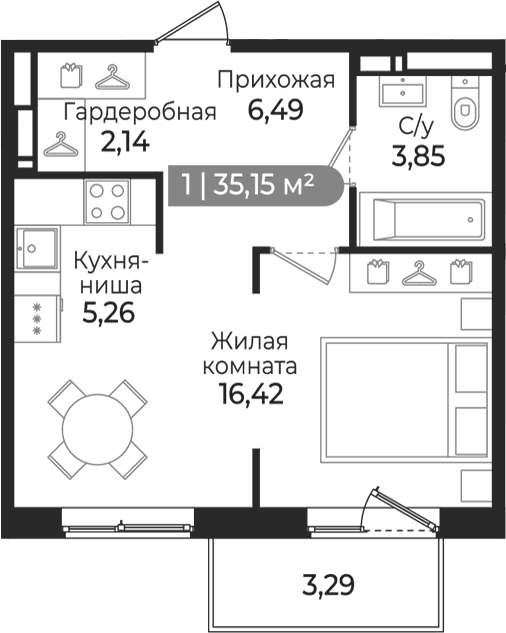 Планировка: Студия 34,2 м² в ЖК «Квинта»