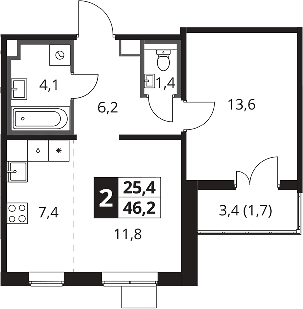 Планировка: Евродвушка 45,7 м² в ЖК «1-й Южный»