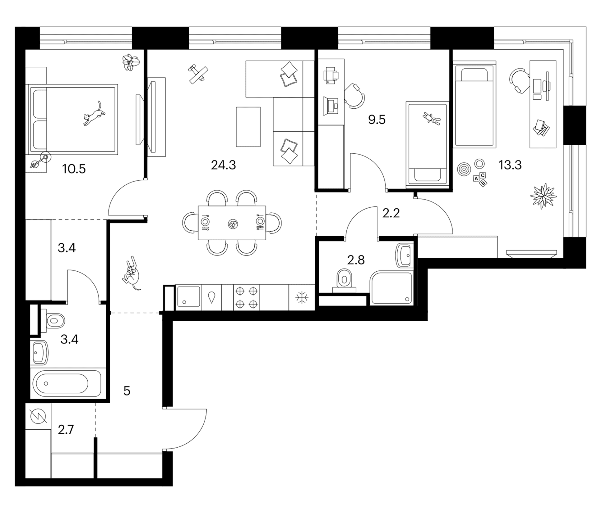 Планировка: 3-комнатная квартира 77,1 м² в ЖК «Зеленый парк»