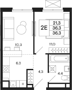 Планировка: Евродвушка 36,3 м² в ЖК «Базаева 11»