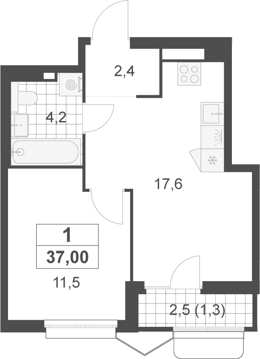 Планировка: Евродвушка 35,7 м² в ЖК «Деснаречье»