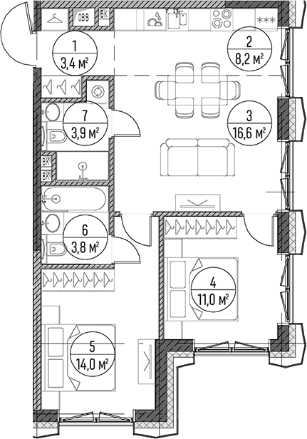 Планировка: Евротрёшка 60,9 м² в ЖК «Дом на Часовой»
