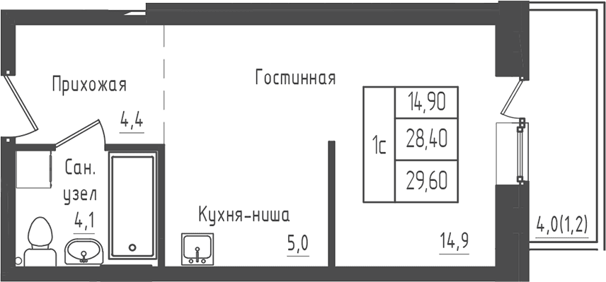 Планировка: Студия 28,4 м² в ЖК «Зеленый город»