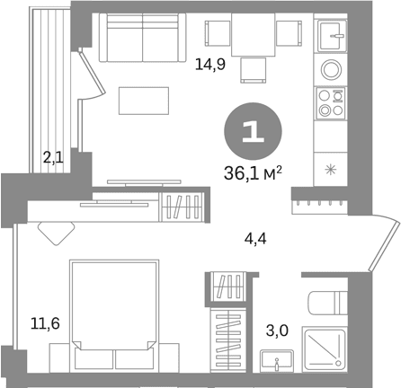 Планировка: 1-комнатная квартира 34 м² в ЖК «Первый квартал. Вторая очередь»