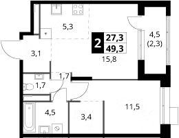 Планировка: Евродвушка 47 м² в ЖК «1-й Саларьевский»
