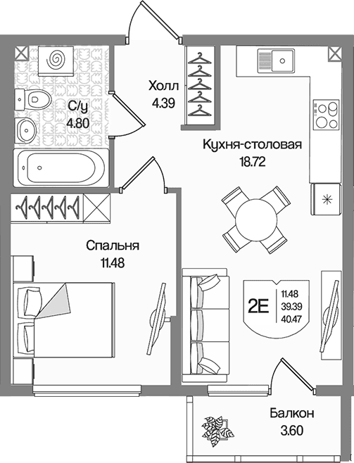 Планировка: Евродвушка 39,4 м² в ЖК «Охтинские высоты»