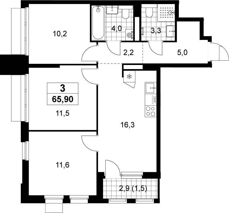 Планировка: 3-комнатная квартира 64,4 м² в ЖК «Деснаречье»