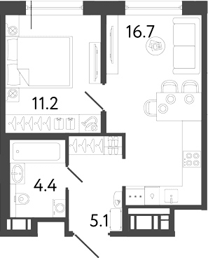 Планировка: Евродвушка 37,4 м² в ЖК «Передвижники 2»