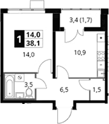 Планировка: 1-комнатная квартира 36,4 м² в ЖК «1-й Южный»