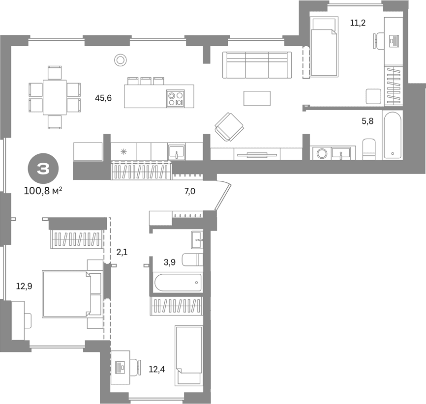 Планировка: 3-комнатная квартира 100,8 м² в ЖК «Первый квартал. Вторая очередь»