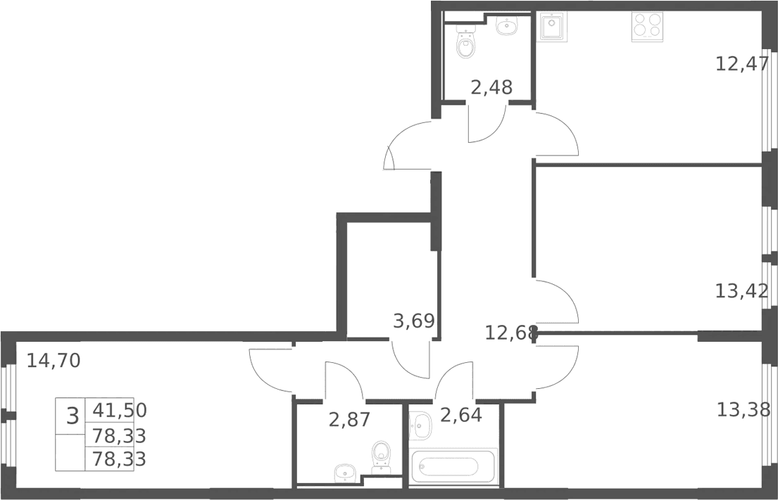 Планировка: 3-комнатная квартира 78,3 м² в ЖК «Остафьево»
