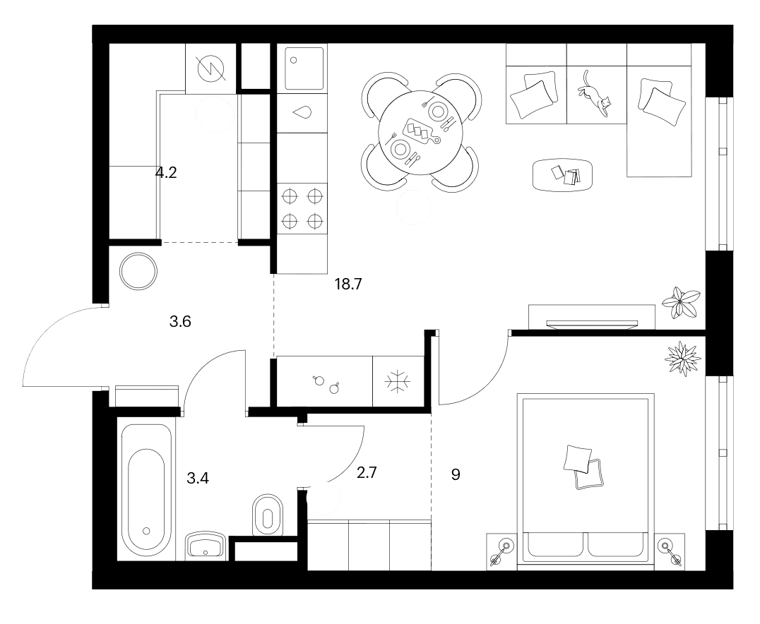 Планировка: 1-комнатная квартира 41,6 м² в ЖК «Москворечье»