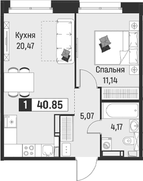 Планировка: Евродвушка 40,9 м² в ЖК «Символист»