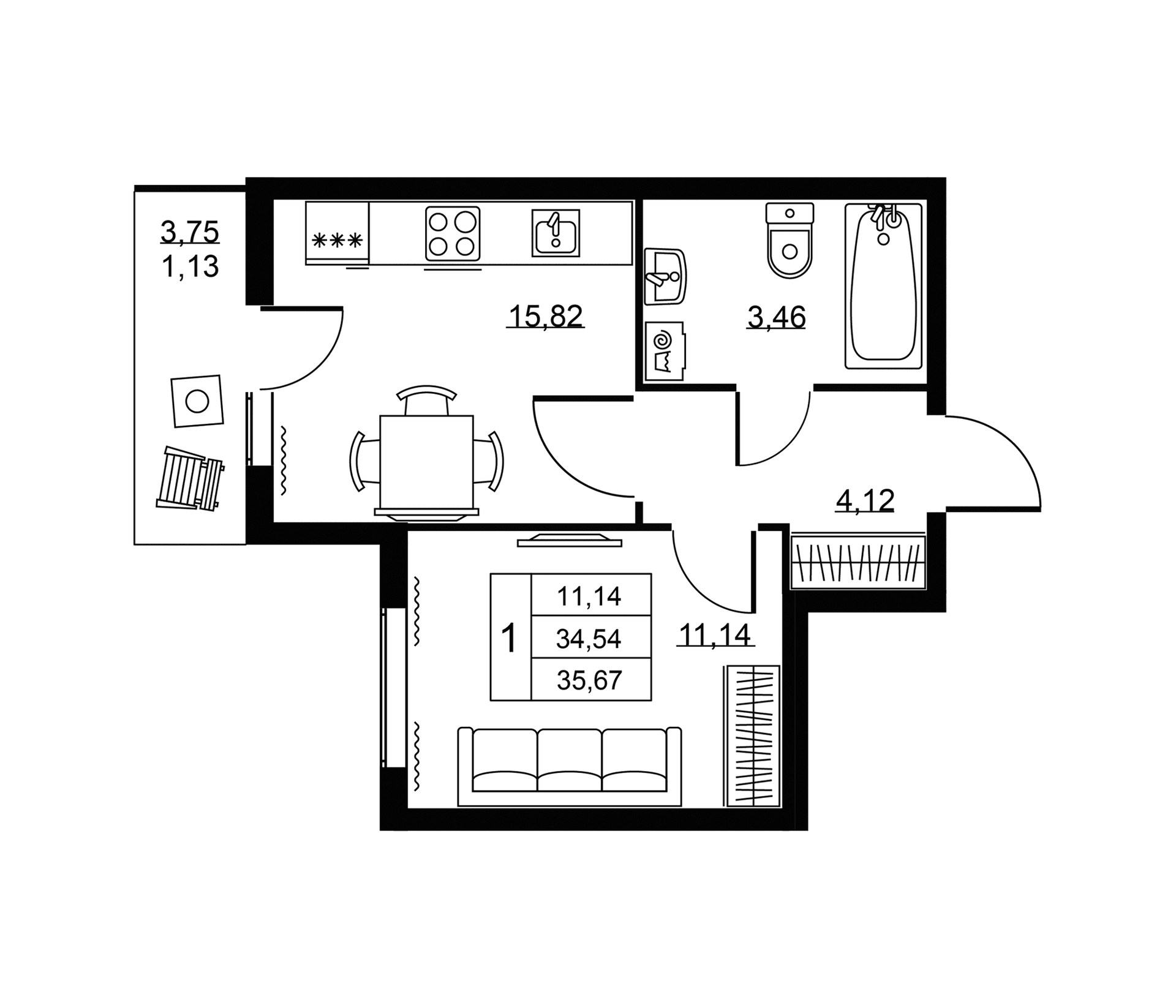 Планировка: Евродвушка 34,5 м² в ЖК «Пулковское, 34»