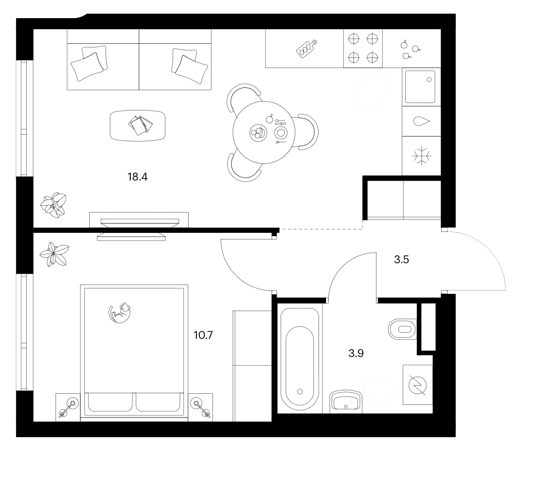 Планировка: 1-комнатная квартира 36,5 м² в ЖК «Белая Дача парк»