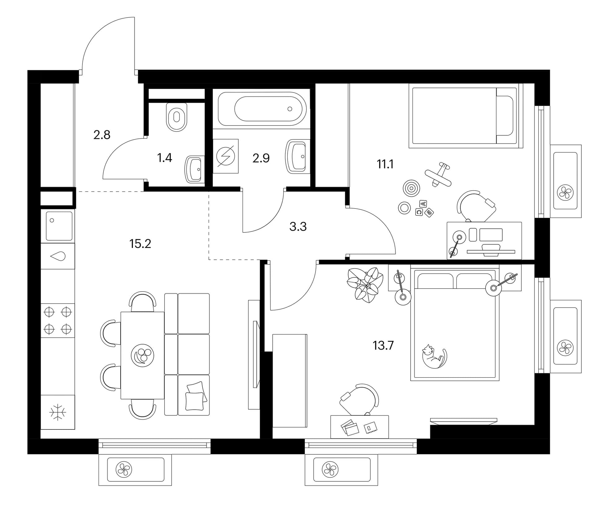 Планировка: 2-комнатная квартира 50,4 м² в ЖК «Белая Дача парк»