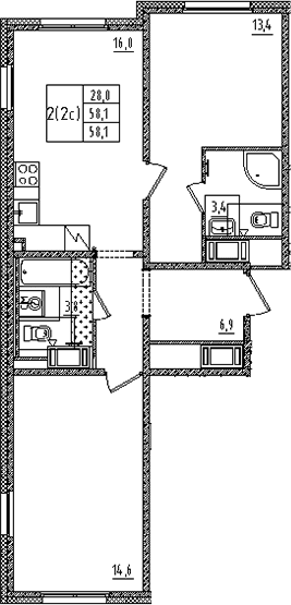 Планировка: Евротрёшка 58,1 м² в ЖК «Дыбенко парк»