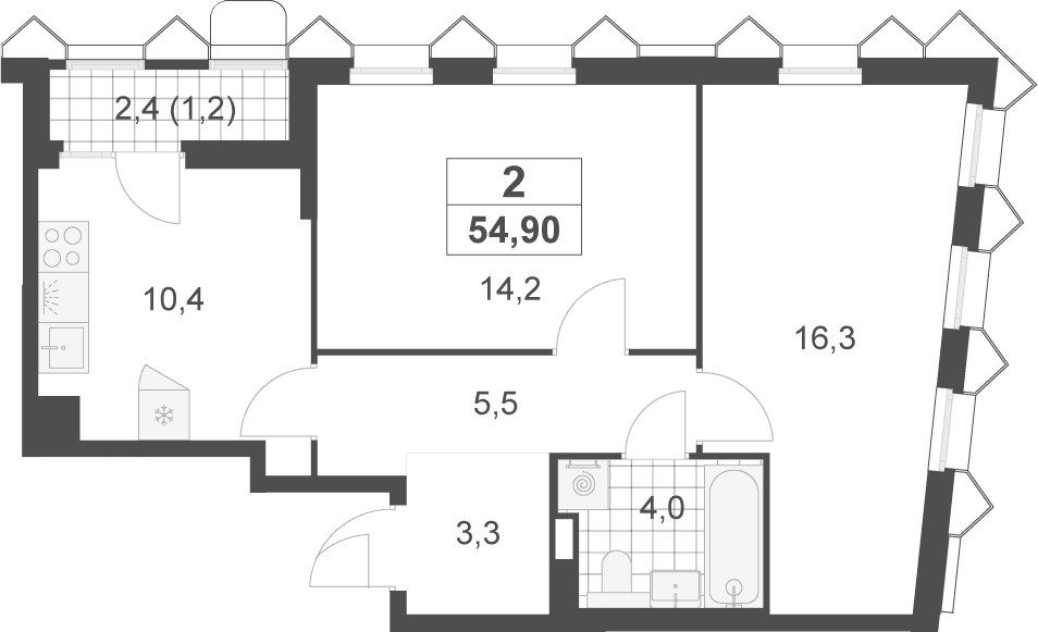 Планировка: 2-комнатная квартира 53,7 м² в ЖК «Деснаречье»