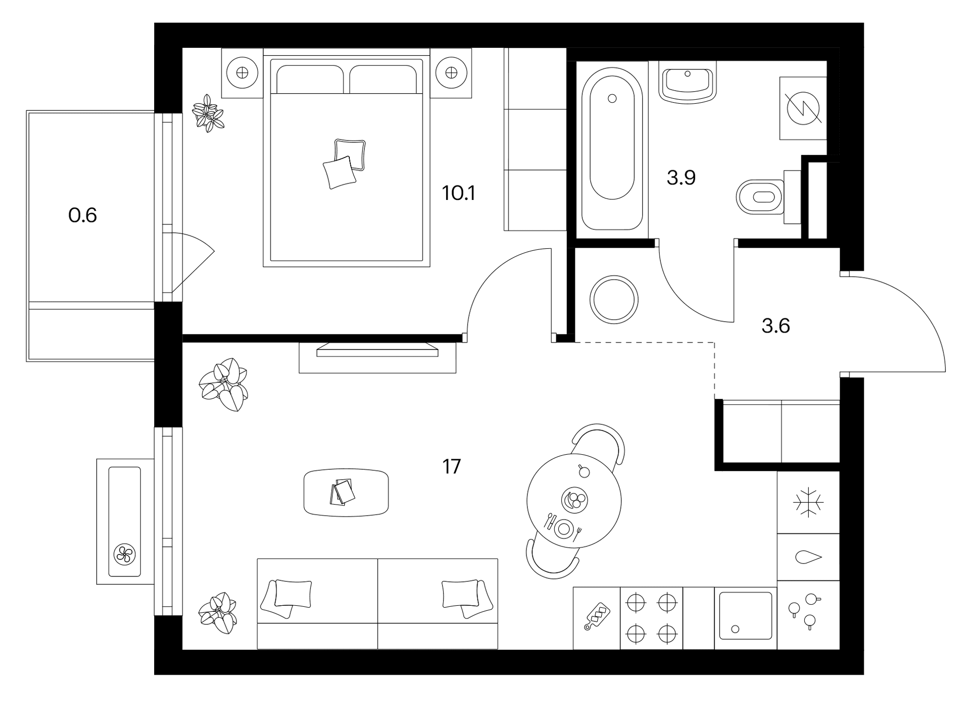 Планировка: 1-комнатная квартира 34,6 м² в ЖК «Белая Дача парк»