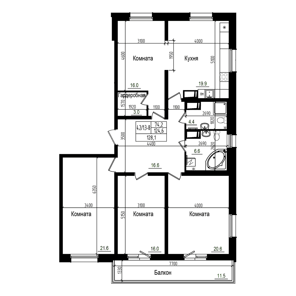 Планировка: Квартира евро-5 124,7 м² в ЖК «Прагма Сити»