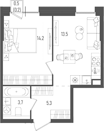 Планировка: 1-комнатная квартира 36,7 м² в ЖК «Пейв»