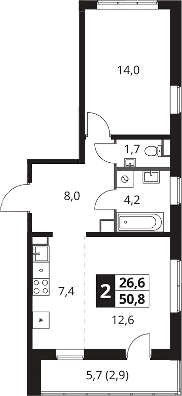 Планировка: Евродвушка 47,9 м² в ЖК «1-й Южный»