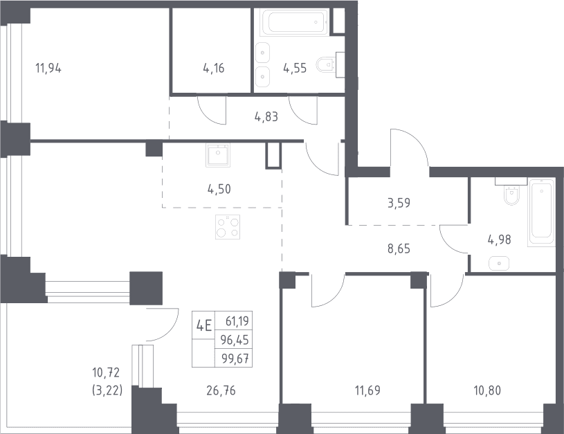Планировка: Квартира евро-4 96,5 м² в ЖК «НОВА»