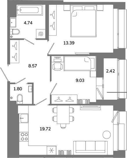 Планировка: Евротрёшка 57,3 м² в ЖК «Твой Космос»