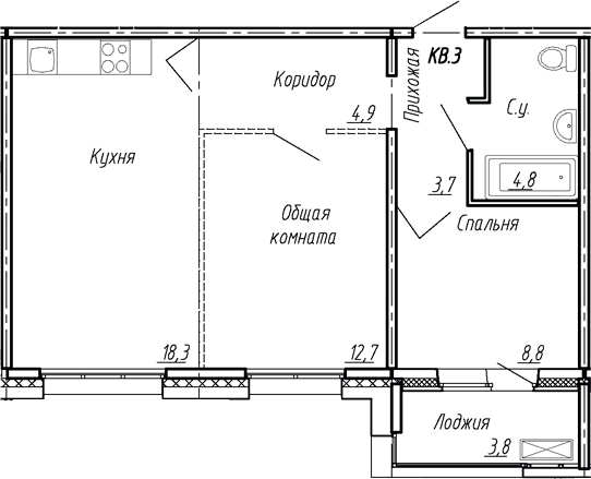 Планировка: Евротрёшка 53,2 м² в ЖК «Сибирь»