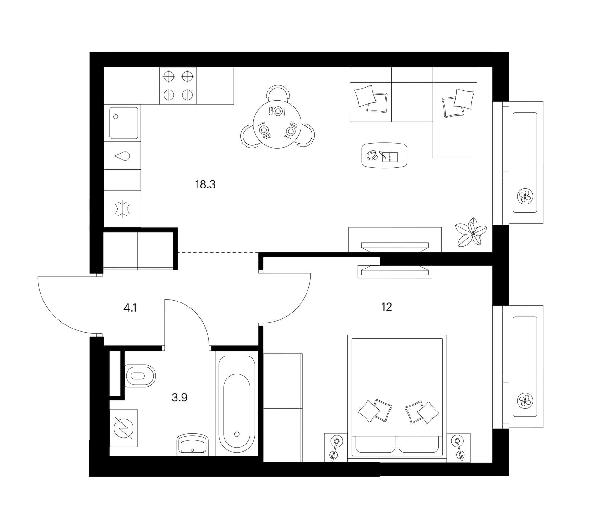 Планировка: 1-комнатная квартира 38,3 м² в ЖК «Зеленый парк»