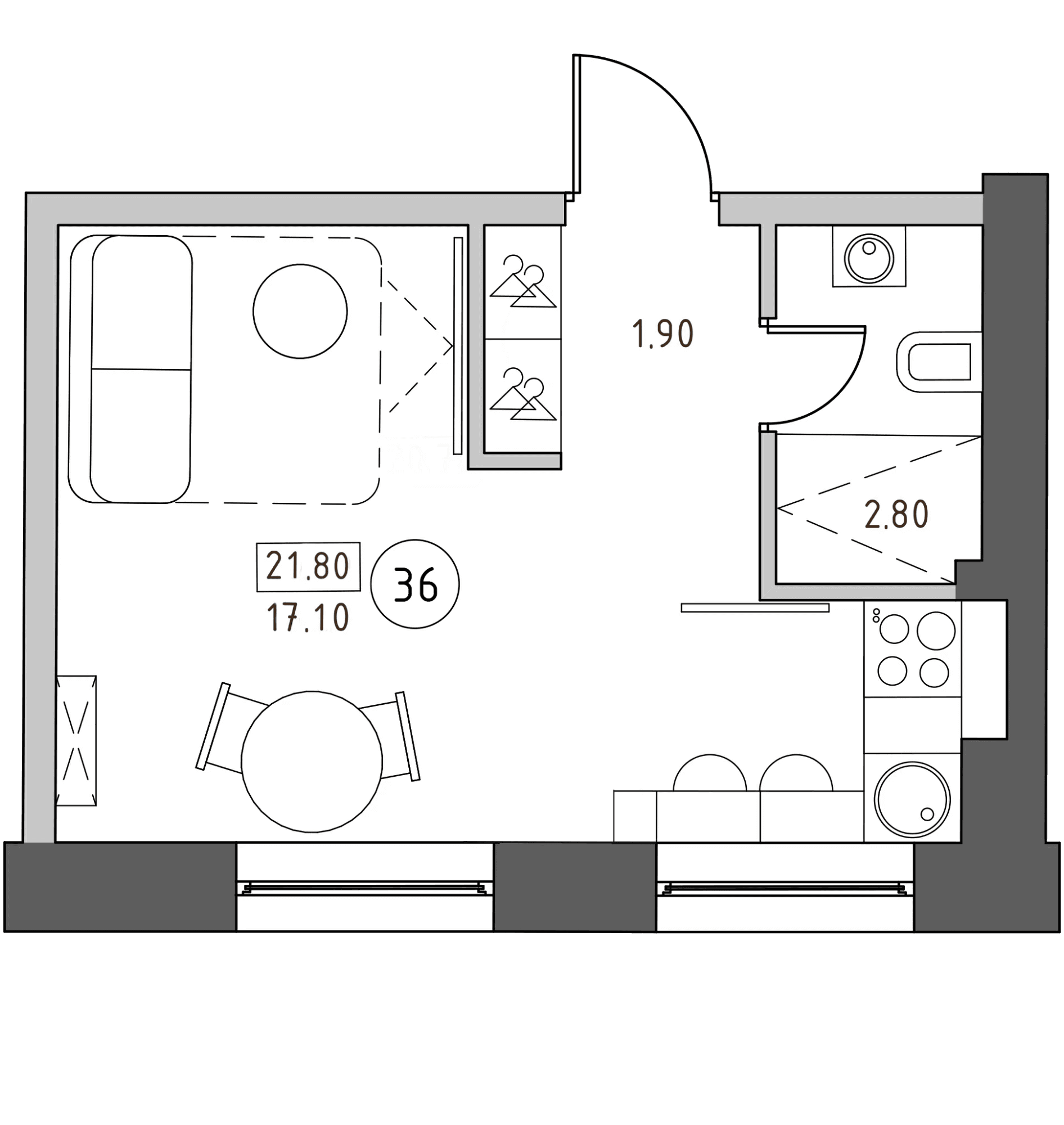 Планировка: Студия 21,8 м² в ЖК «Швецова, 4»