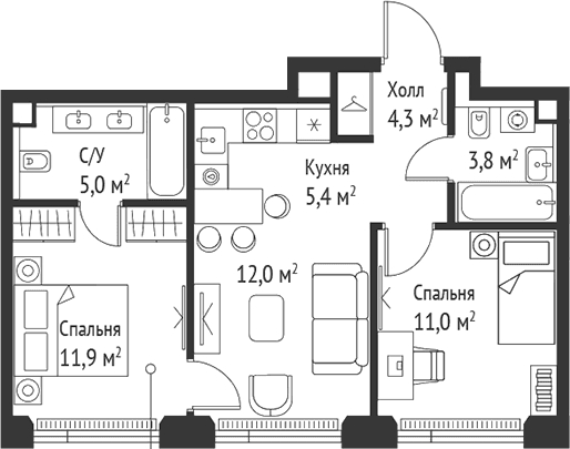 Планировка: Евротрёшка 53,4 м² в ЖК «СЕТ»