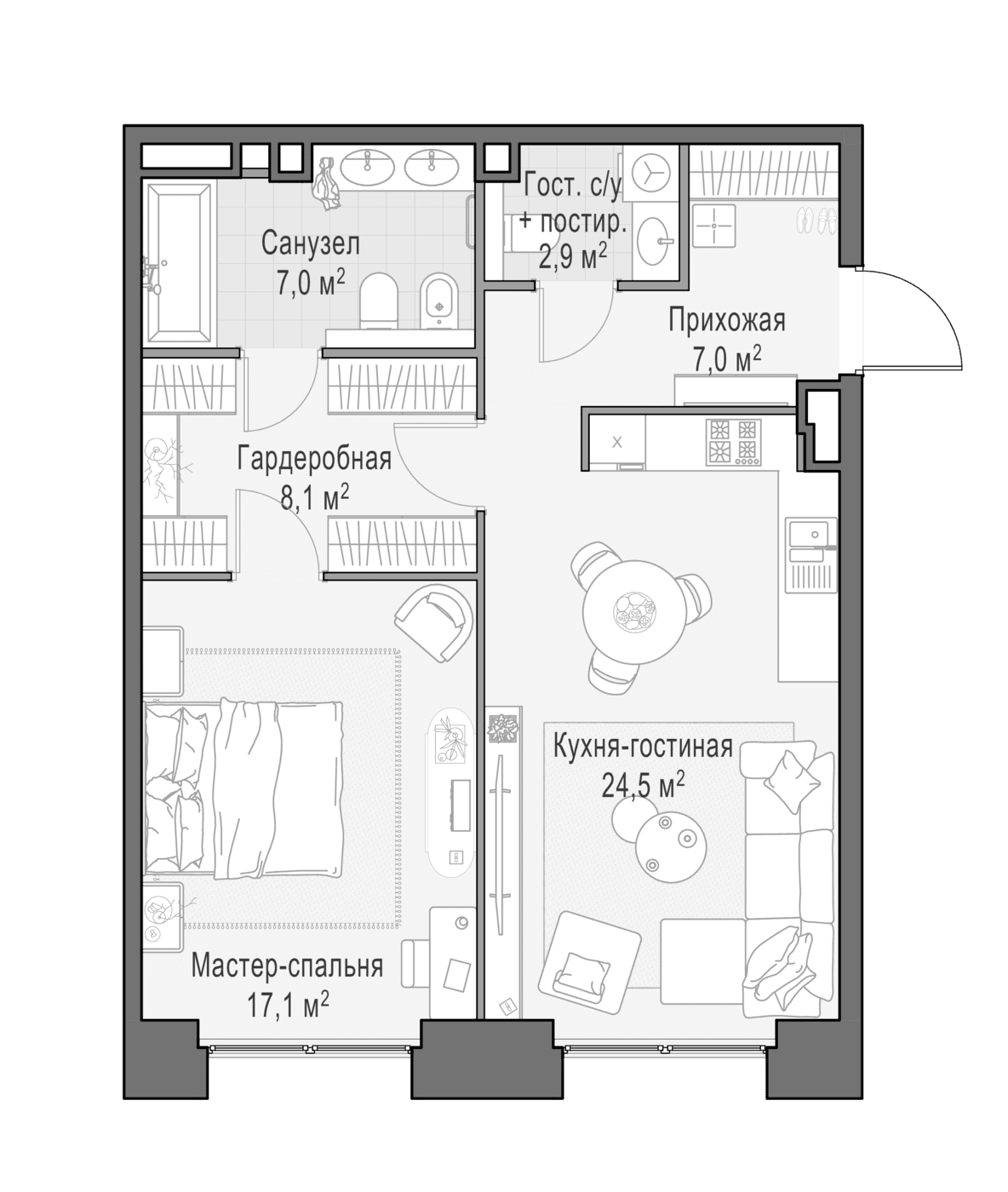 Планировка: Евродвушка 67,4 м² в ЖК «Квартал Life Time»