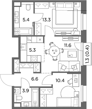 Планировка: Евротрёшка 56,5 м² в ЖК «Станиславский»