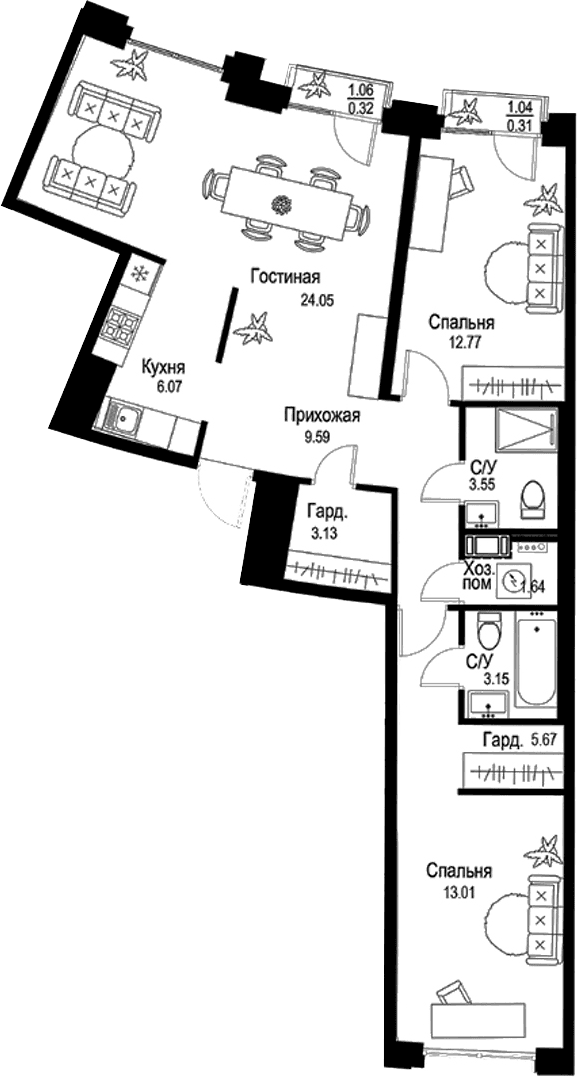 3-комнатная квартира