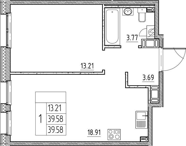 Планировка: Евродвушка 39,6 м² в ЖК «Сезоны»