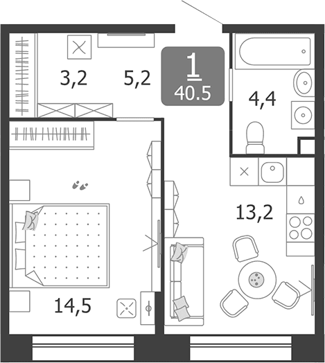 Планировка: 1-комнатная квартира 40,5 м² в ЖК «Шагал»
