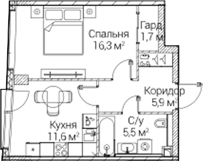Планировка: 1-комнатная квартира 40,6 м² в ЖК «СЕЗАР БУДУЩЕЕ»