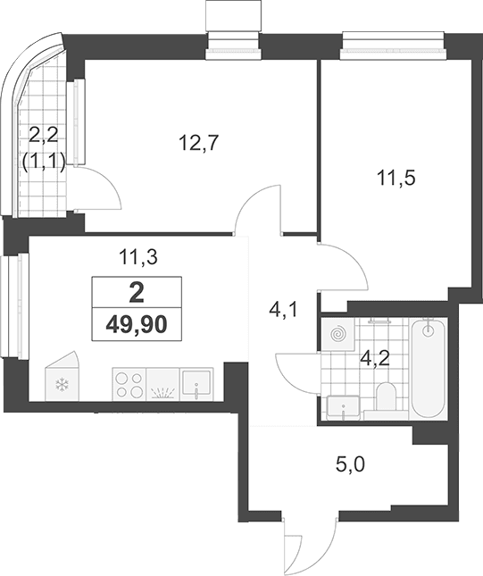 Планировка: 2-комнатная квартира 48,8 м² в ЖК «Южные сады»