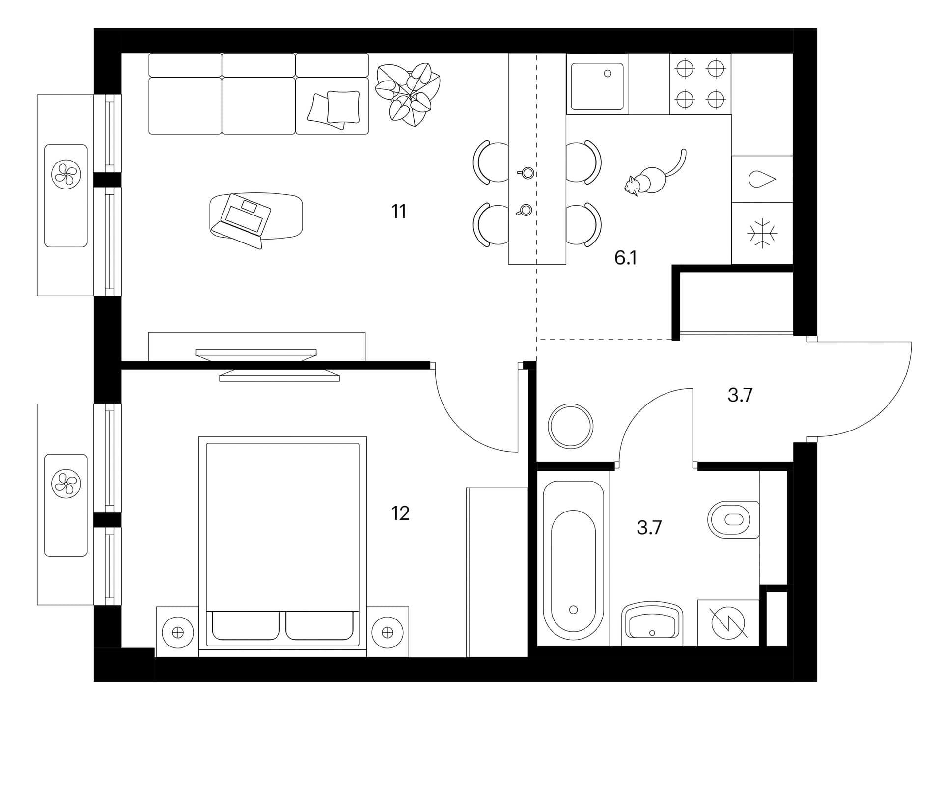 Планировка: Евродвушка 36,5 м² в ЖК «Белая Дача парк»